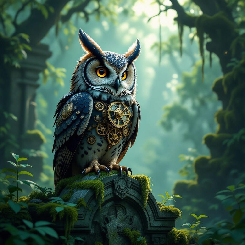 Clockwork Owl on Ancient Ruins in Steampunk Forest