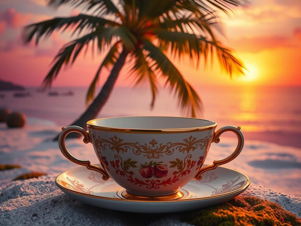 Antique Teacup and Palm Tree in Embossed Metal Style