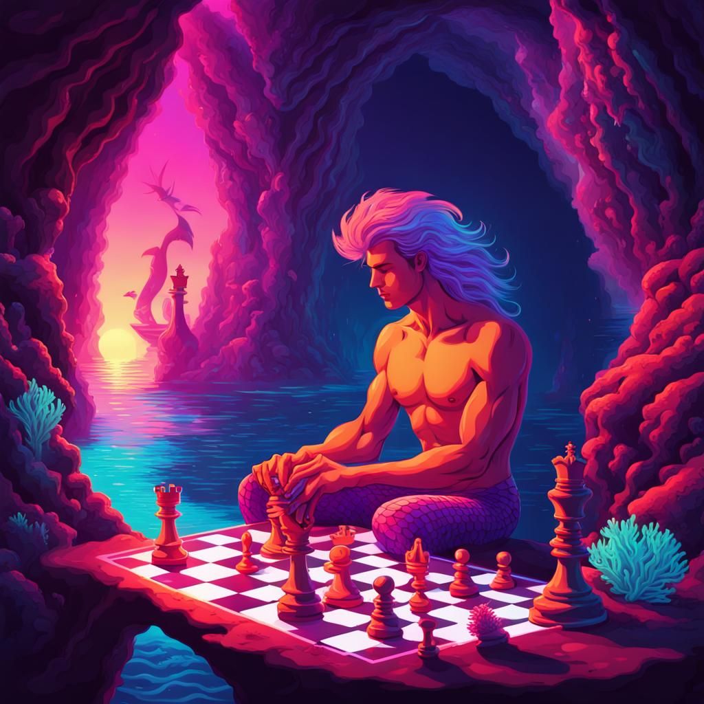 Fantasy Mermaid Merman Chess Game in Neon Cave