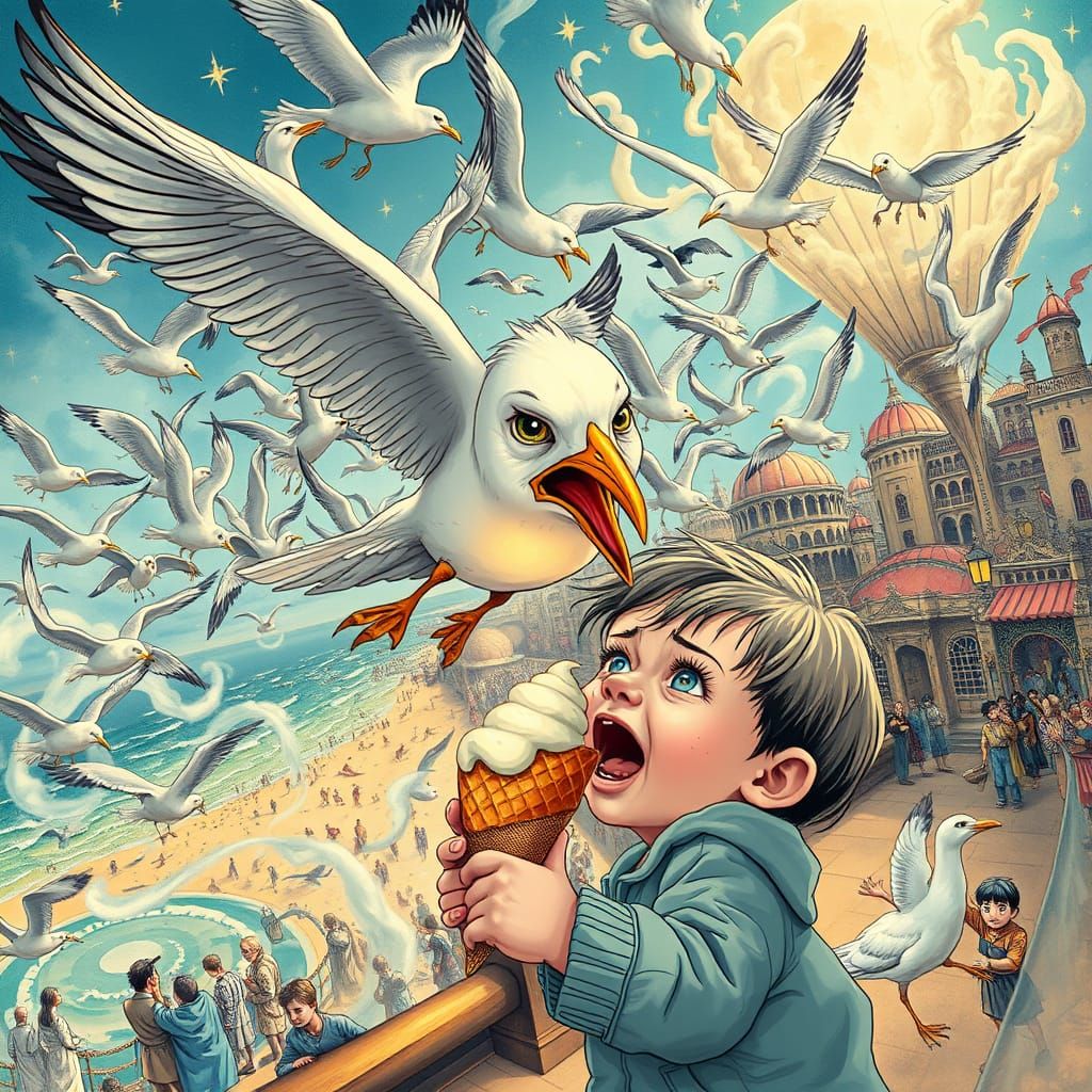 Seagulls Attack Ice Cream: Whimsical Fantasy Illustration
