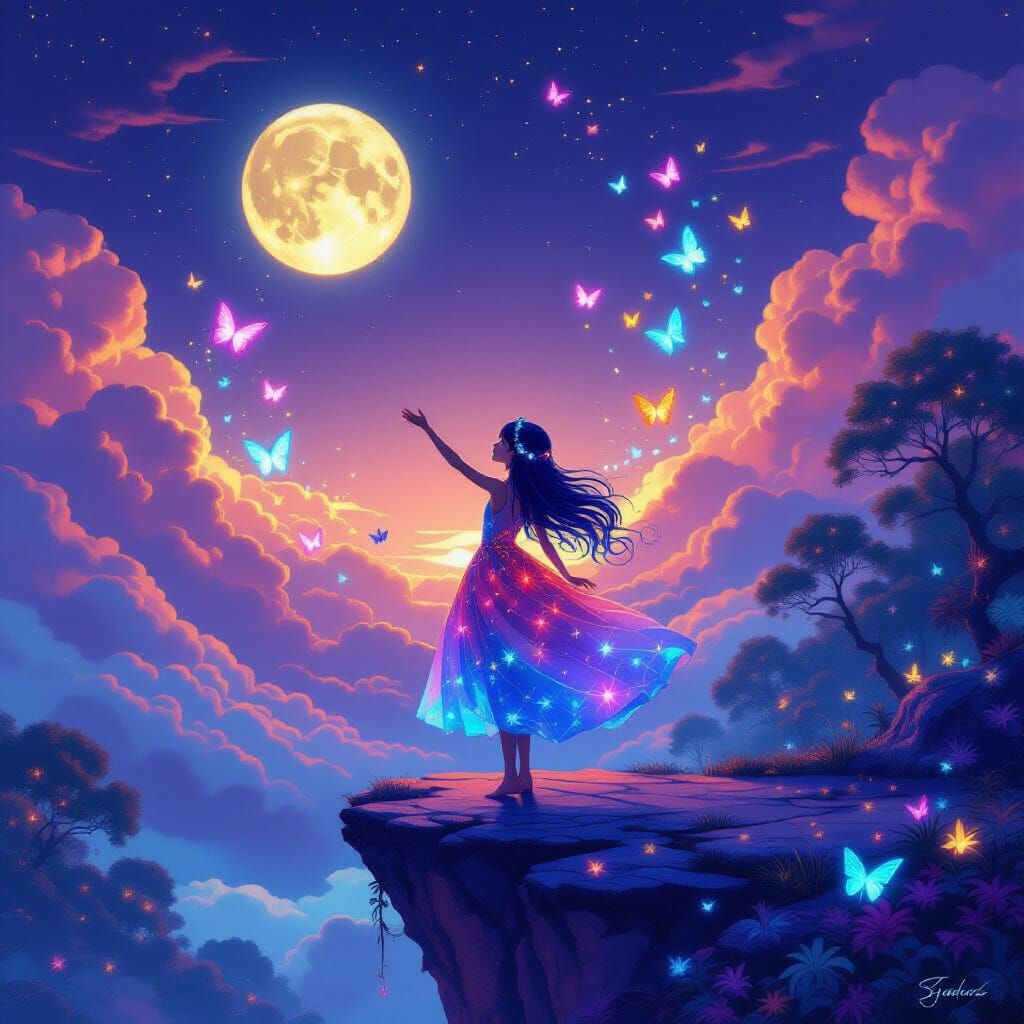 Magical Night Sky with Two Moons and Glowing Butterflies