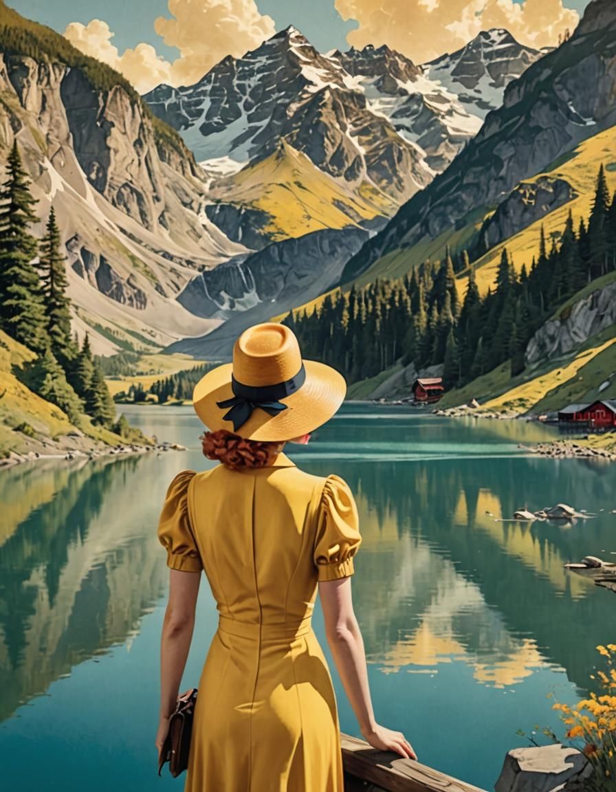 Vintage Travel Poster of Woman by Serene Lake