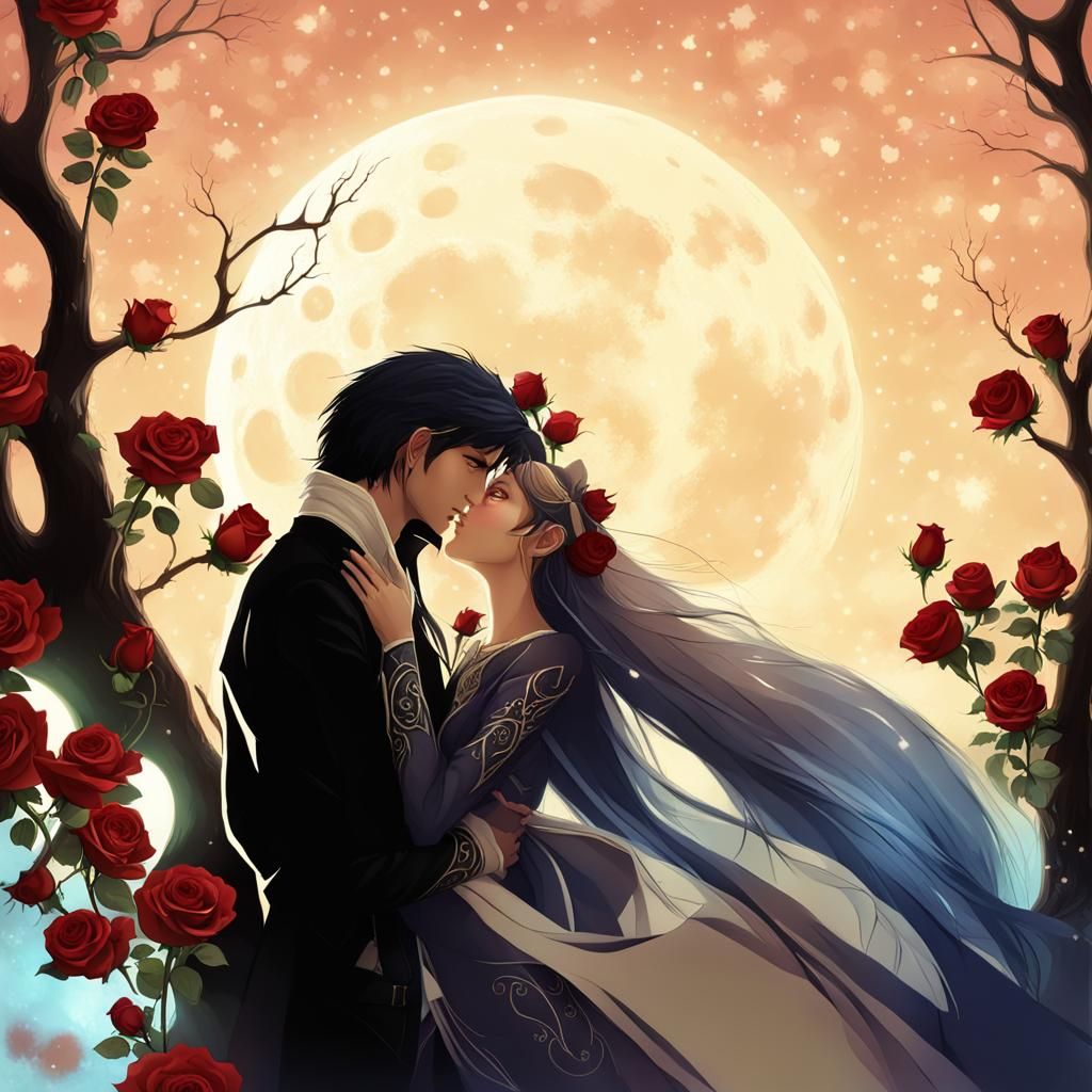 Romantic Solar Elves in Moonlight with Roses