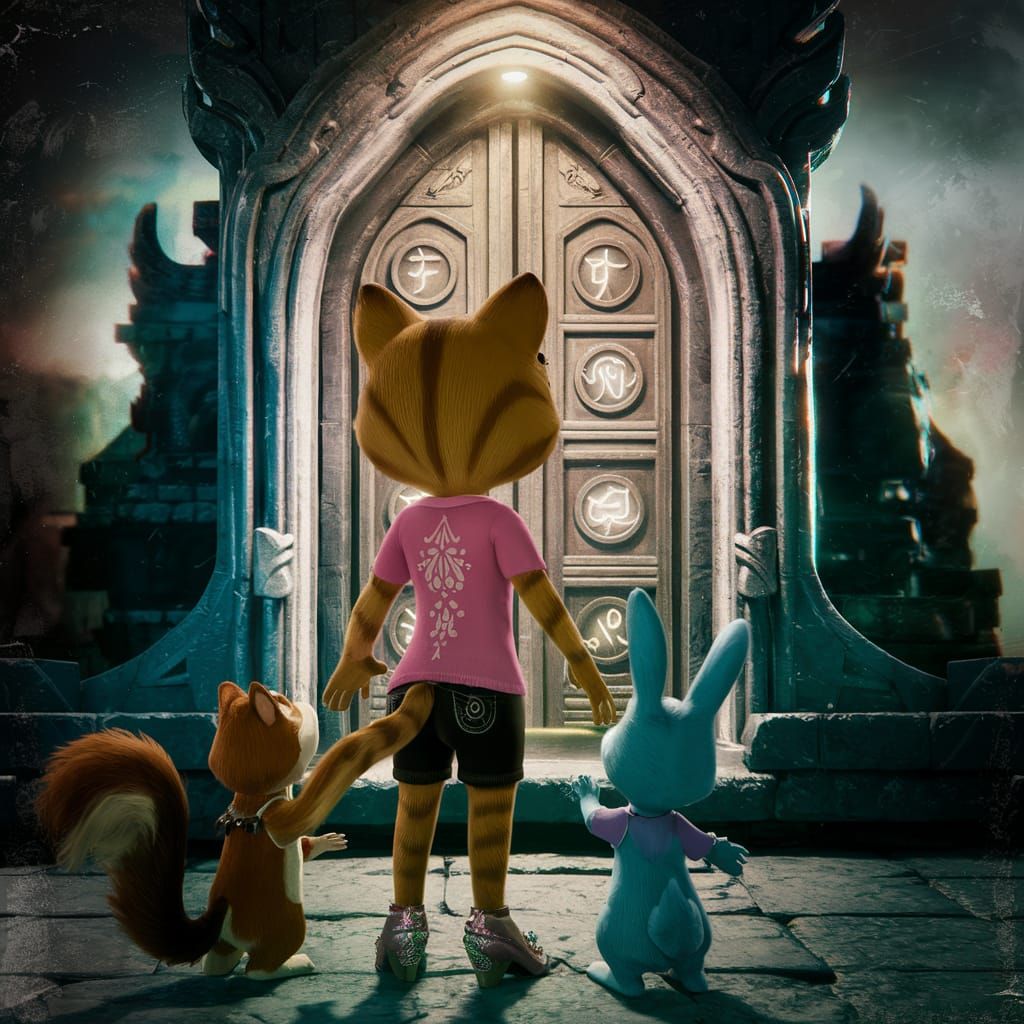 Cartoon Cat and Friends Discover Mysterious Door