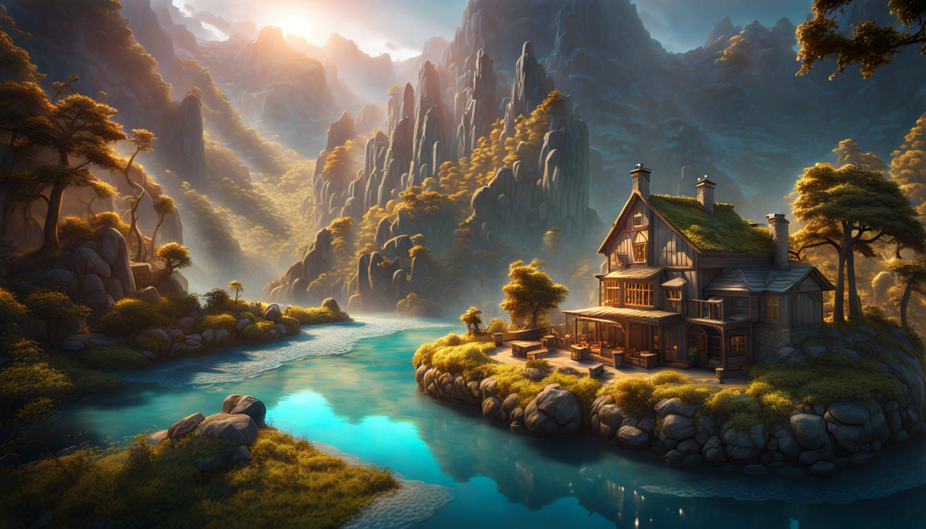 Fantasy Landscape with Mountains, Oceans, and Rivers