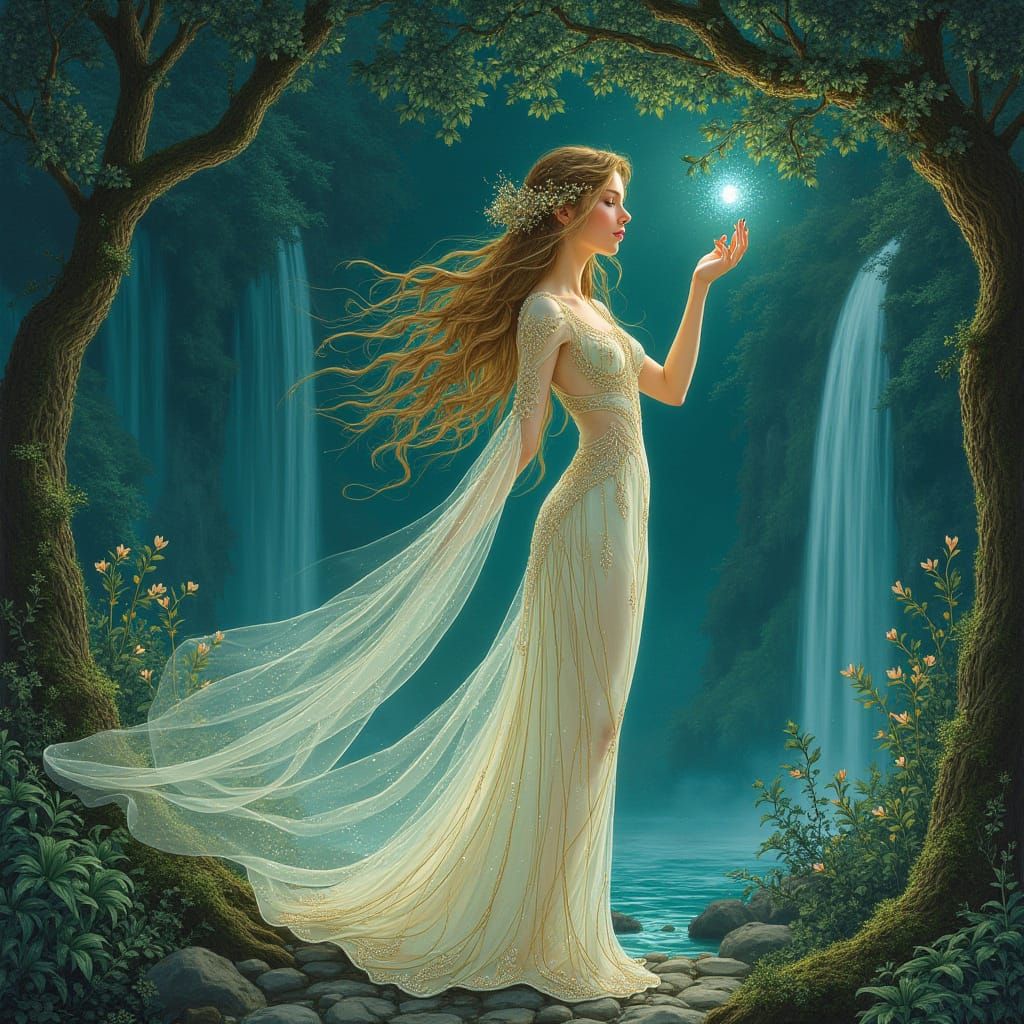 Eldar Maiden Whispers in Bioluminescent Grove, Art Nouveau