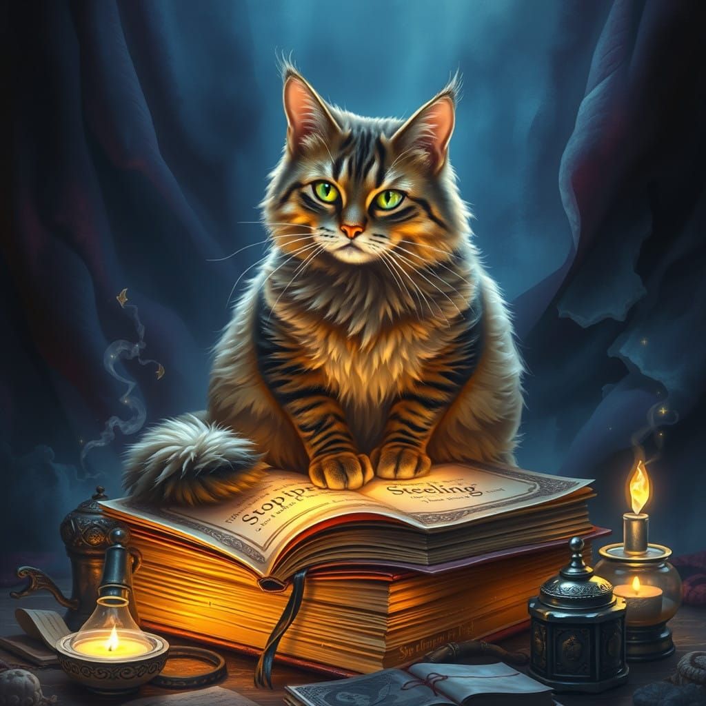 Majestic Cat Beside Ancient Tome