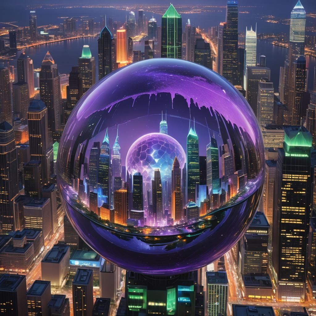 Water Sphere Reflecting Futuristic Cityscape