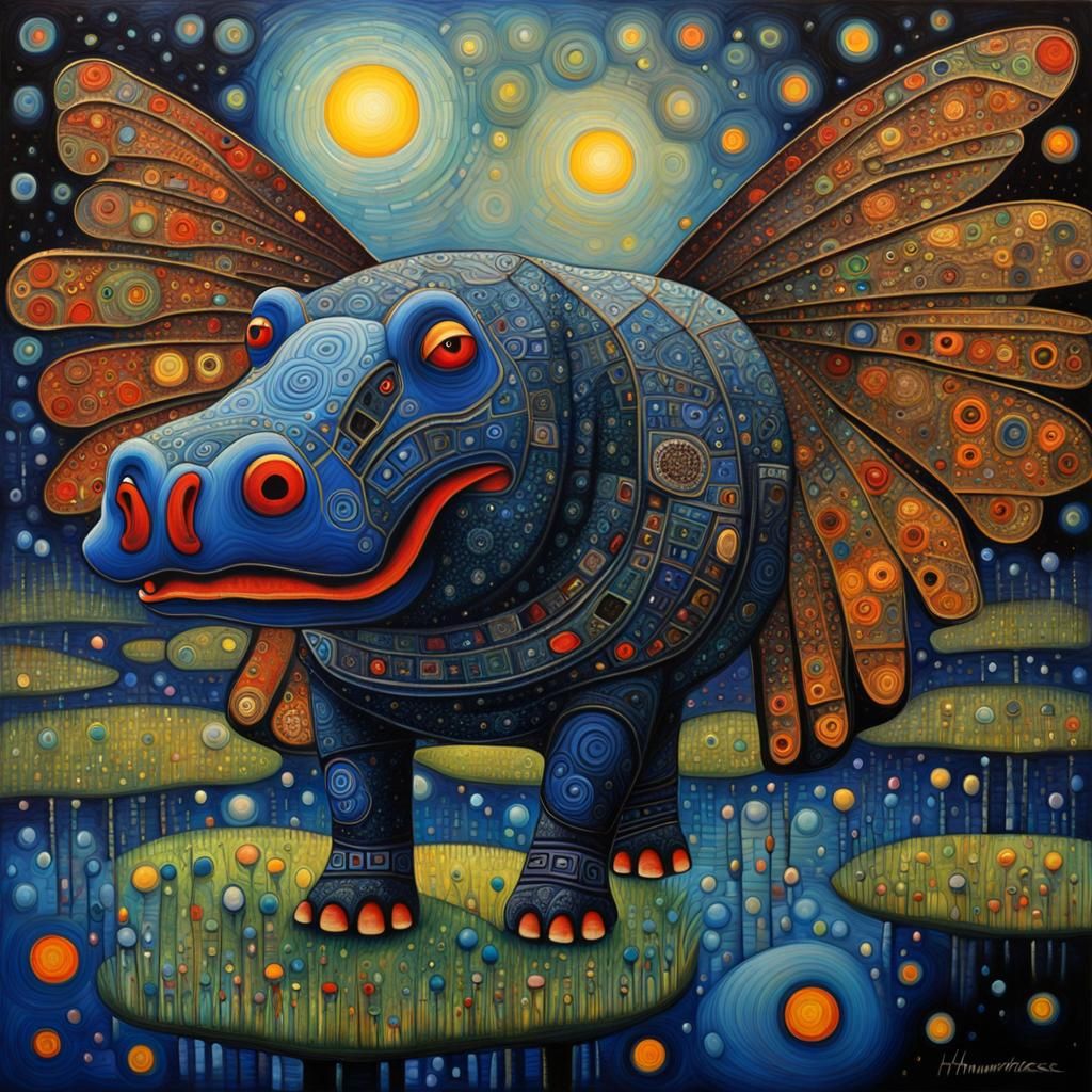 Winged Hippos in Expressionist Oil Painting Style