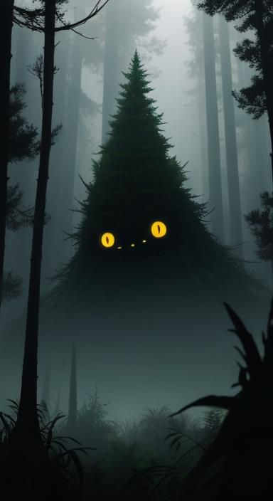 Creepy Smiling Monster Hiding in Dark Forest