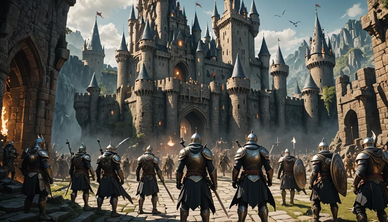 Fantasy Warriors Guard Castle: Hyperrealistic Action Paintin...