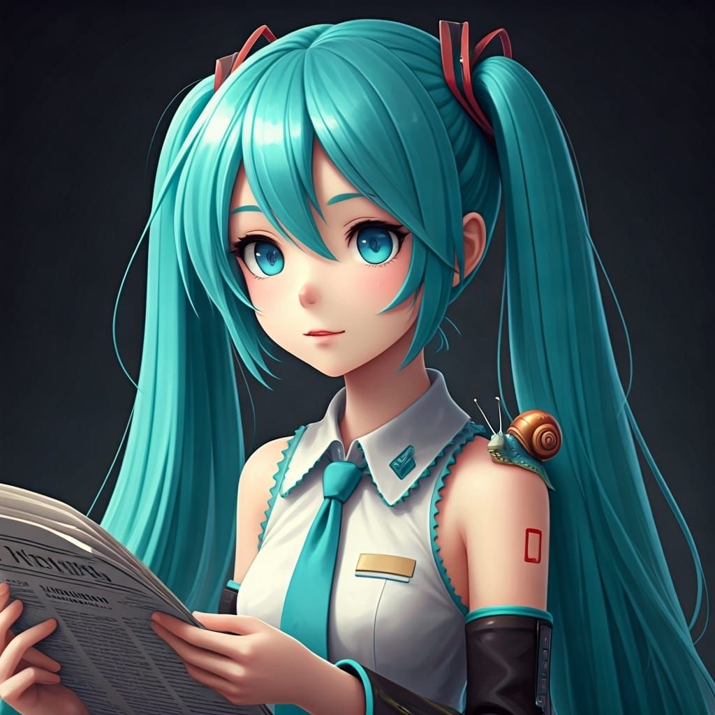 Curious Snail on Hatsune Miku's Shoulder in 3D Anime Art