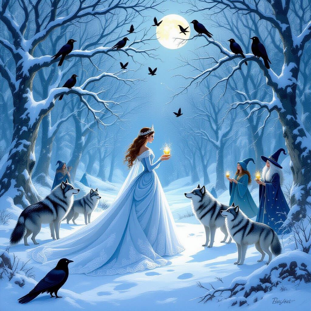 Enchanted Winter Forest Princess with Wolves and Witches