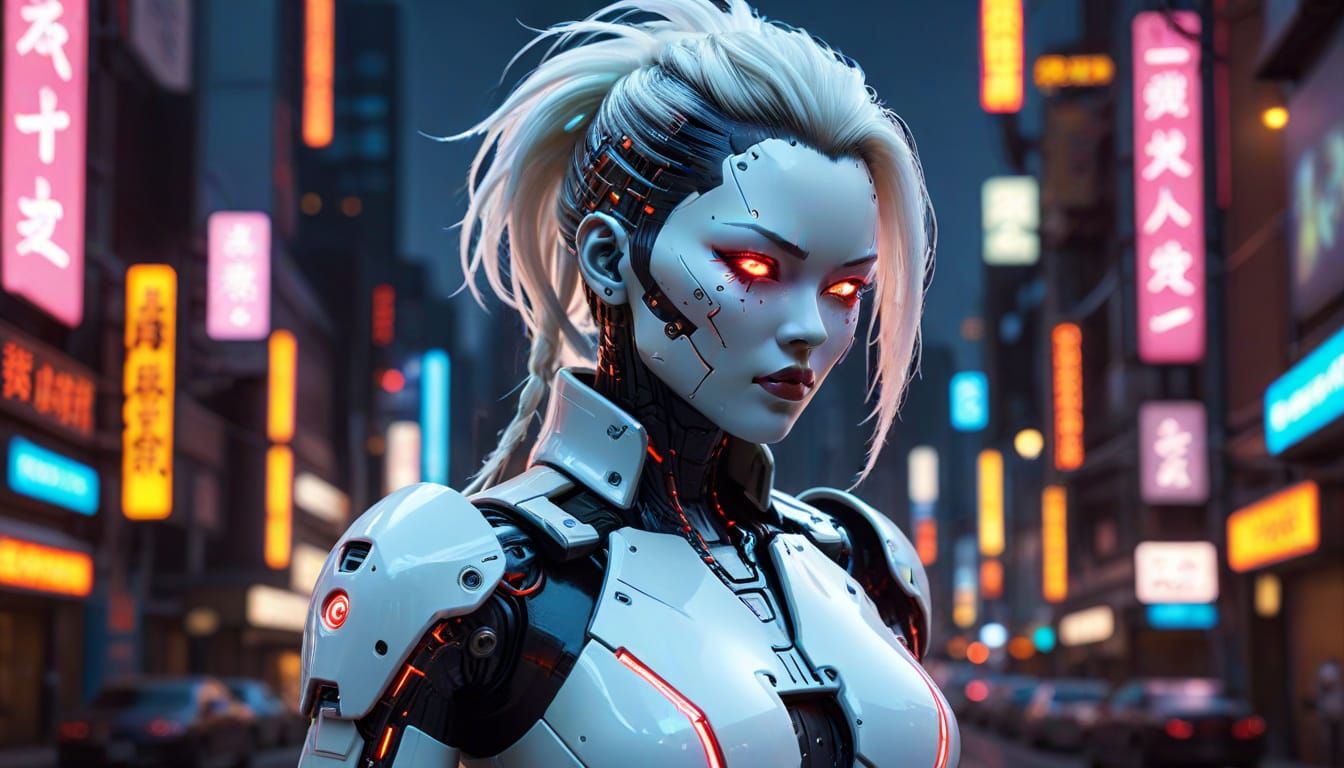 Cyberpunk Gynoid with Electric Eyes and Neon Cityscape