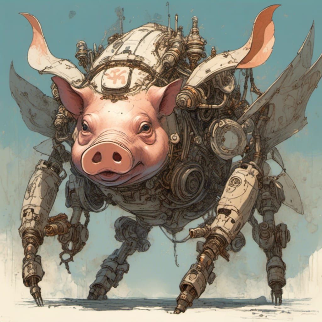 Retrofuturistic Pig Mech Robot with Bat Wings