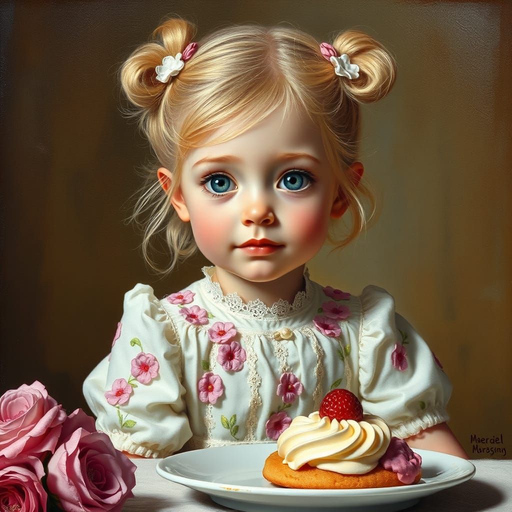 Blonde Girl with Curly Hair and Big Eyes in a Cozy Setting