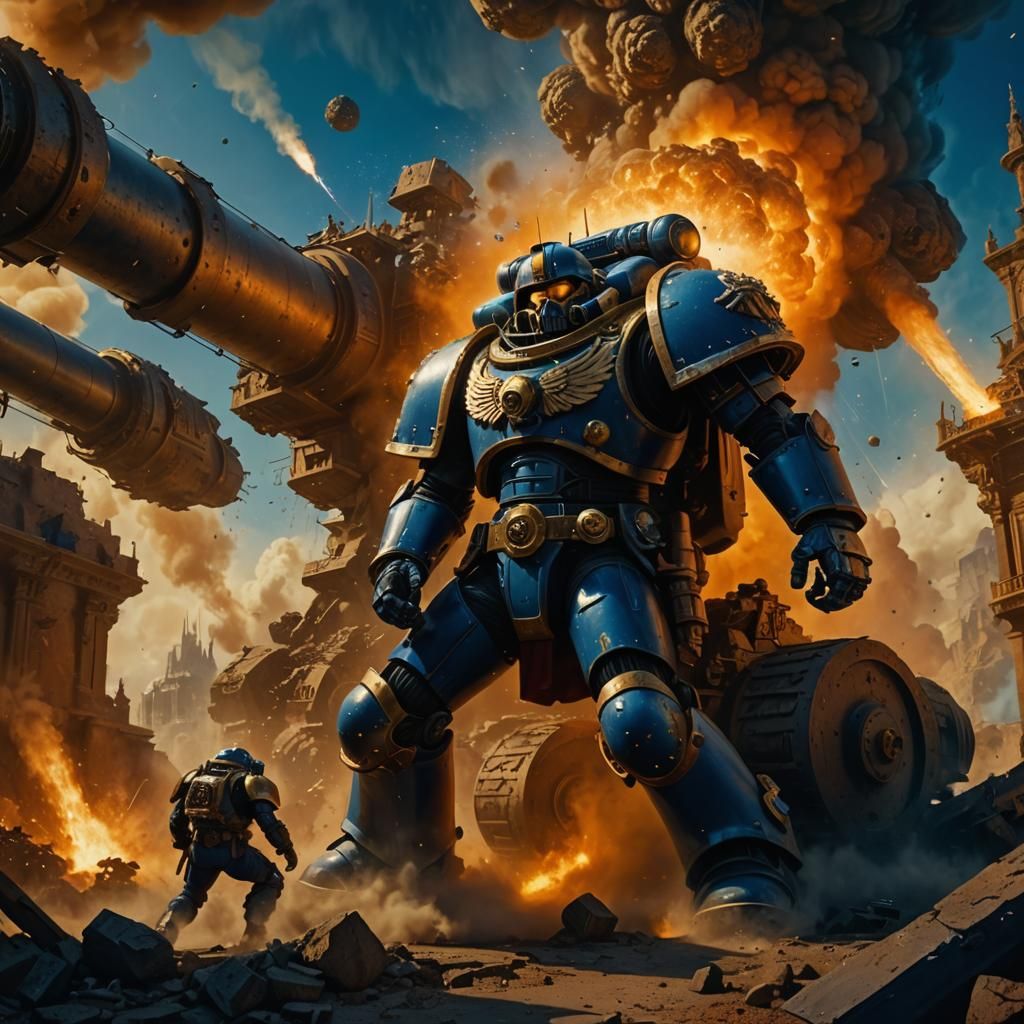 Space Marine Dodging Cannonball in Epic Fantasy Art