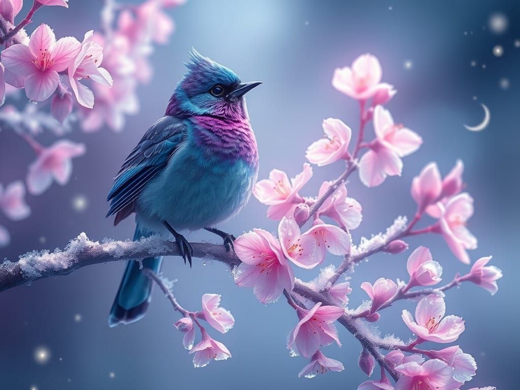 Ethereal Songbird Amidst Bioluminescent Blossoms in Iridesce...