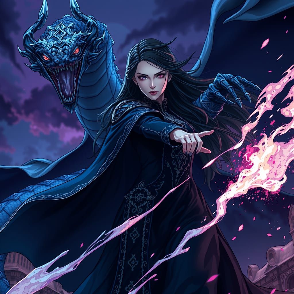 Serpentine Sorceress Commands Basilisk in Magical Battle