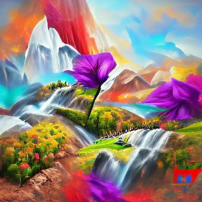 Mountain Landscape with Waterfall as Acrylic Painting