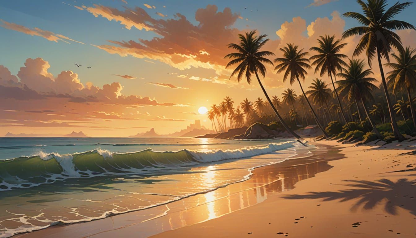 Serene Sunset Beach in Hyper-Realistic Digital Painting