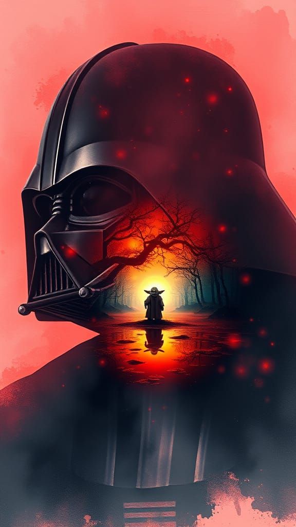 Darth Vader Double Exposure with Yoda in Watercolor Style