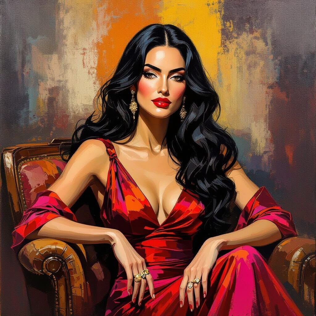 Elegant Woman in Vintage Lounge, Abstract Expressionist Styl...