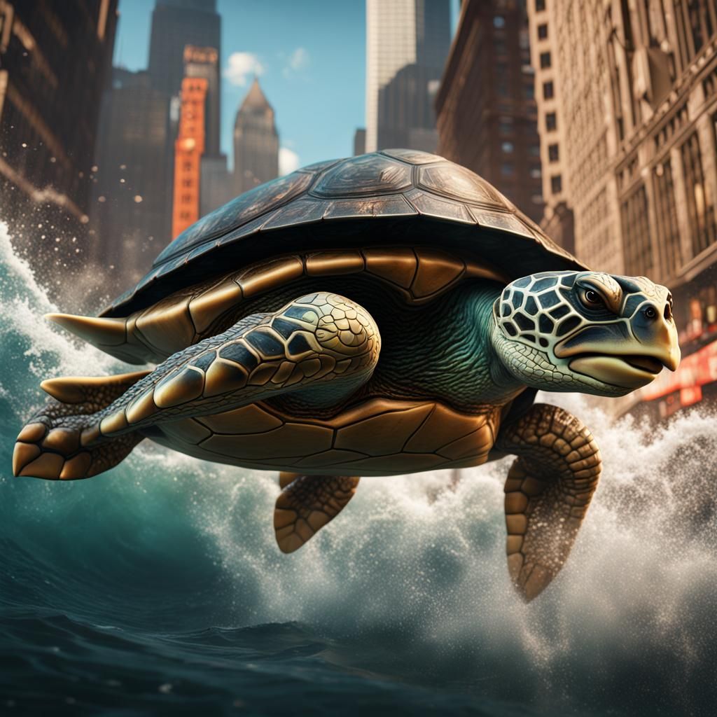 Turtle Surfing in New York: Detailed Fantasy Art