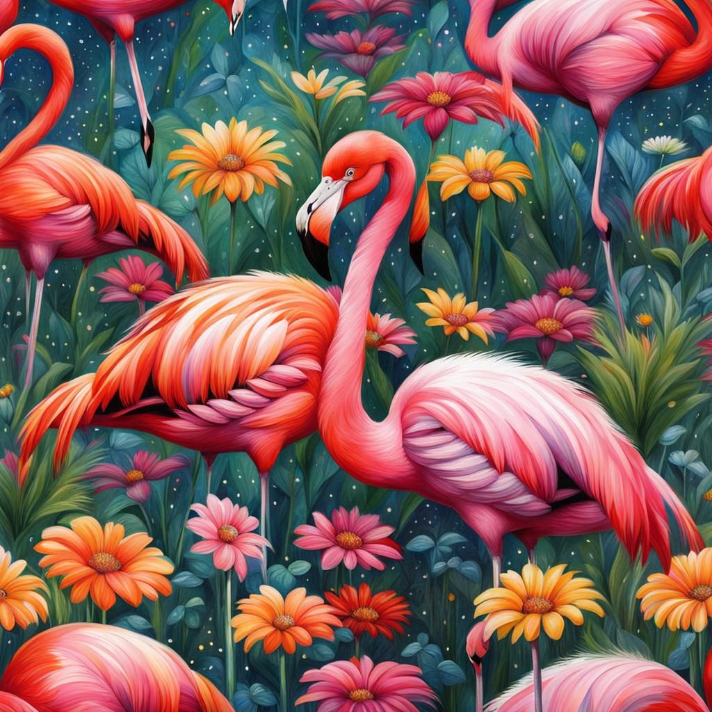 Flamingo in a Sparkly Flower Field