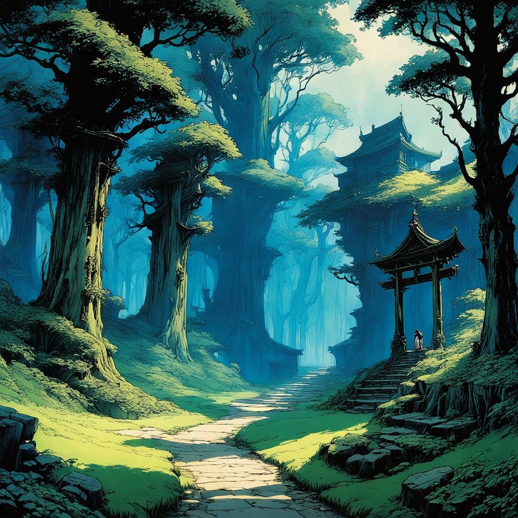Echoing Labyrinth Forest in Saturated Anime Style