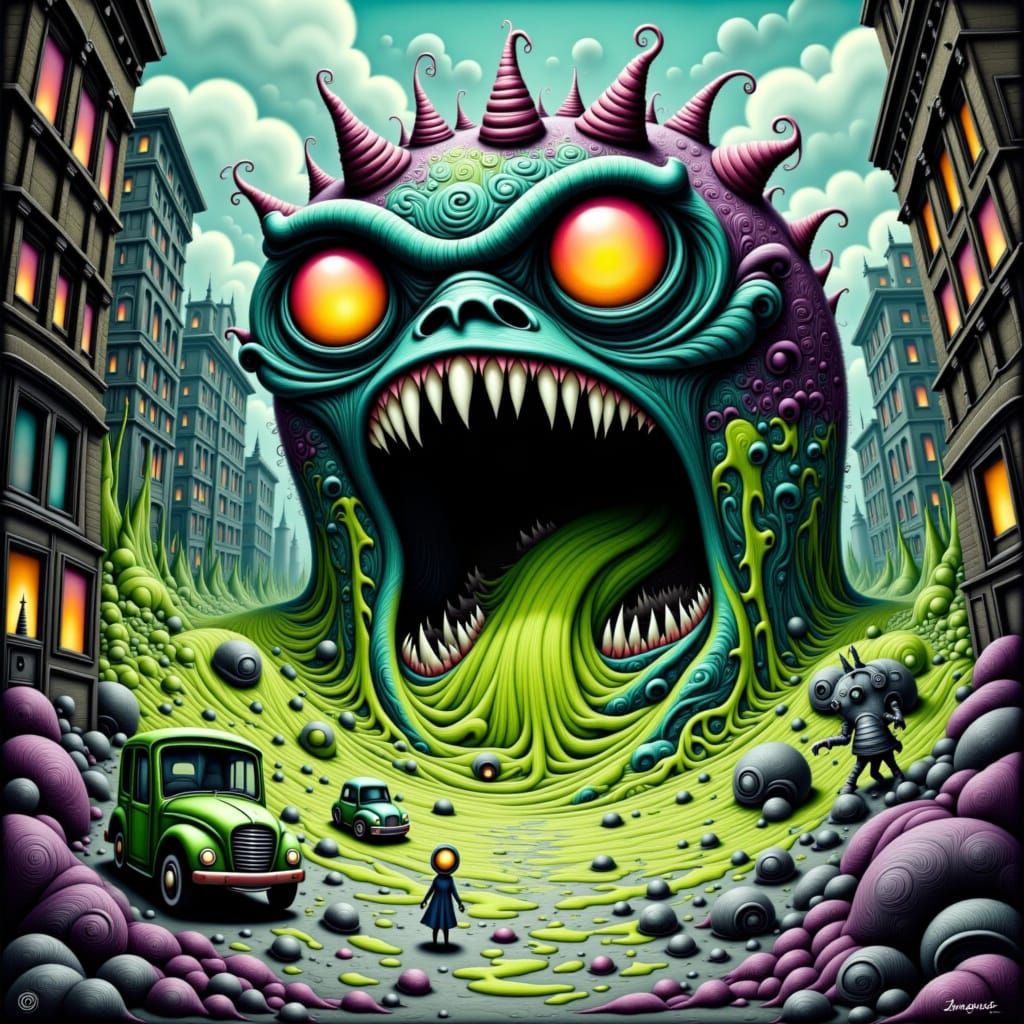 Angry Cake Monster Devours Cityscape in Comic Art Style