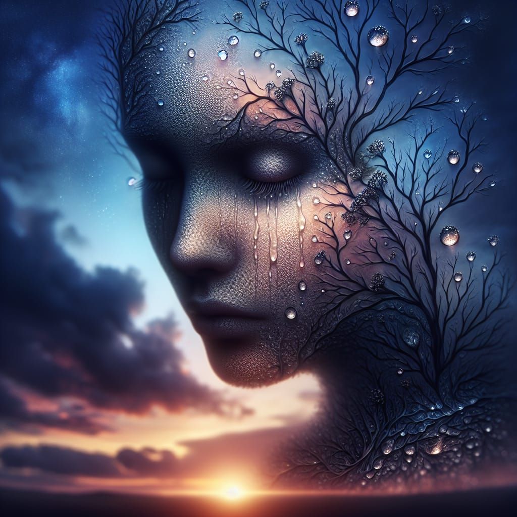 Surreal Digital Art of Human Face Blending with Tree in Twil...