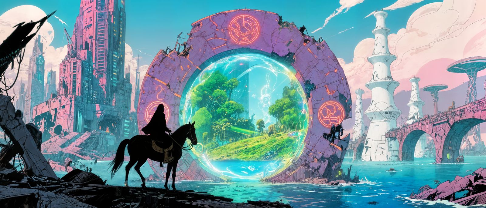 Cinematic Drifter Approaches Glowing Time Portal Overlooking...