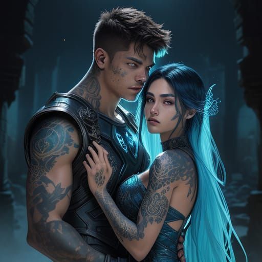 Teen Couple with Glowing Tattoos in Ancient Ruins