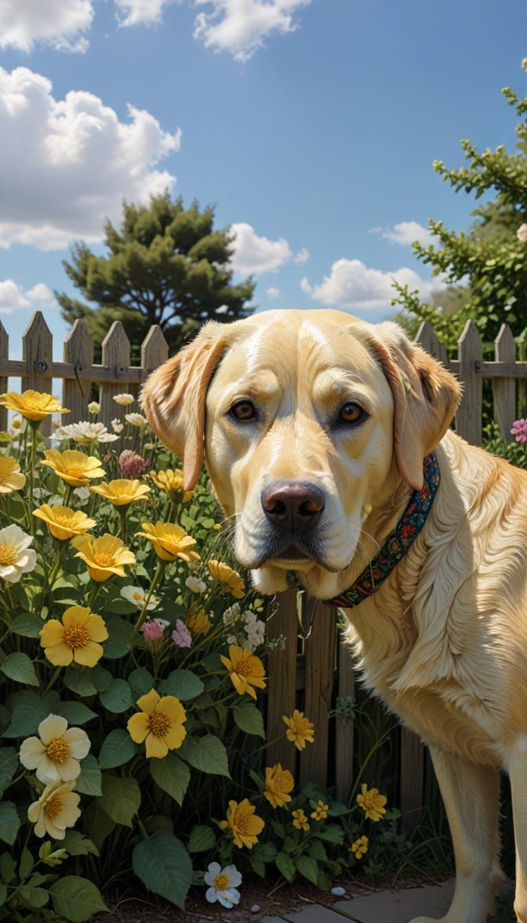 Yellow Labrador Retriever Looks at a Lush Fenced Yard in a V...