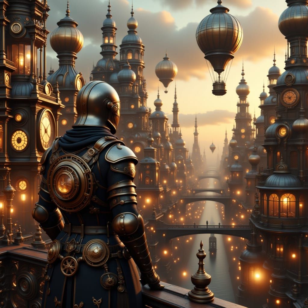 Steampunk Knight Surveys Metropolis at Dusk