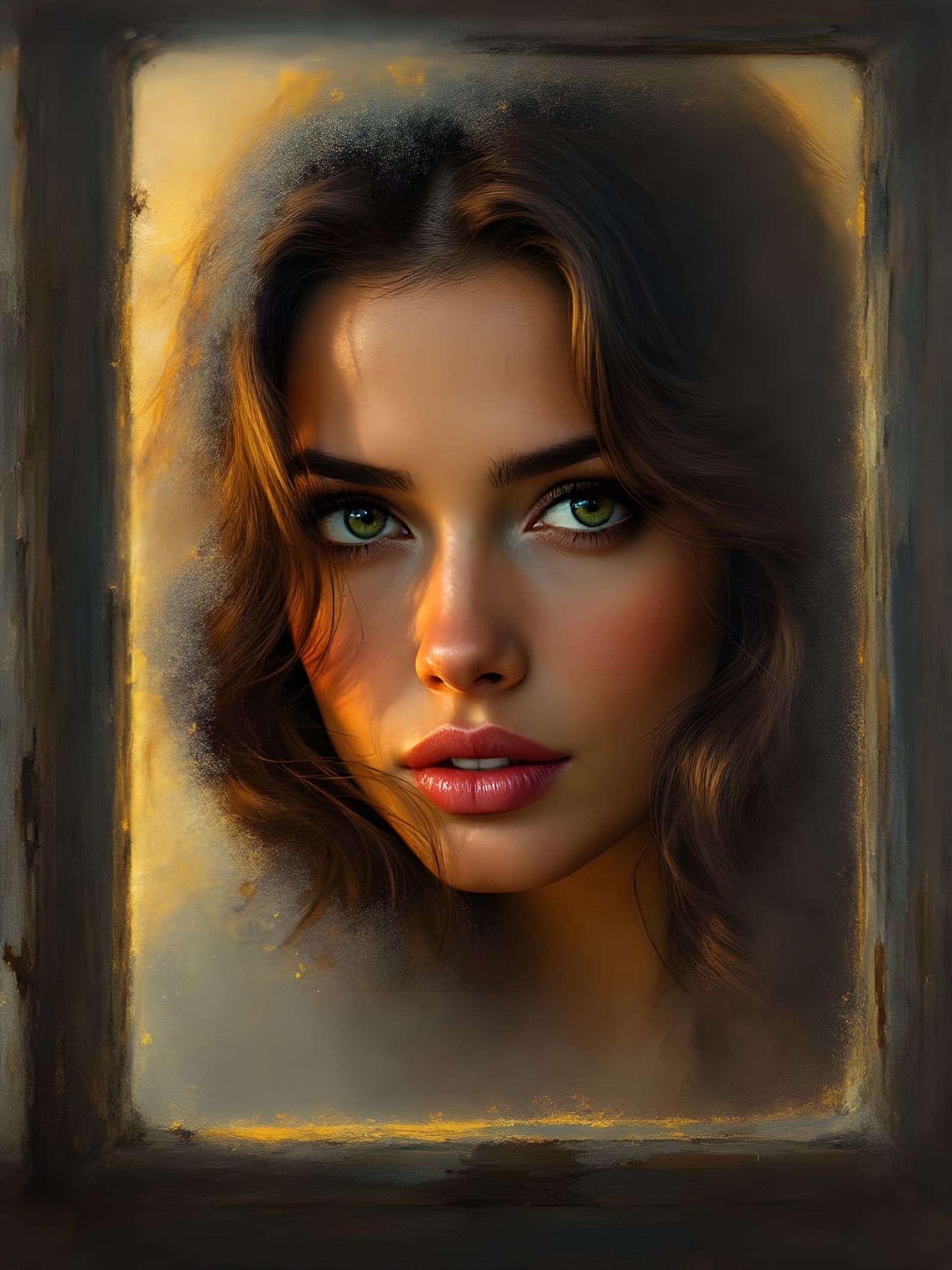 Woman's Face in Frosted Window, Golden Glow, Oil Painting