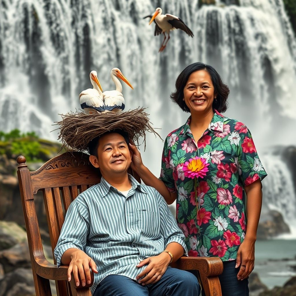Surreal Stork Nest Portrait with Waterfall Backdrop
