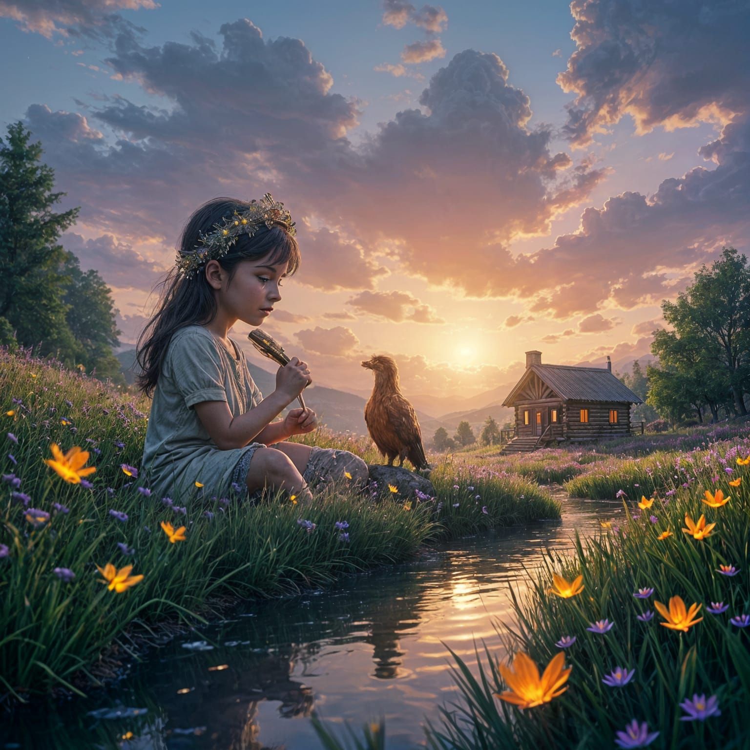 Girl with Phoenix in Twilight Field