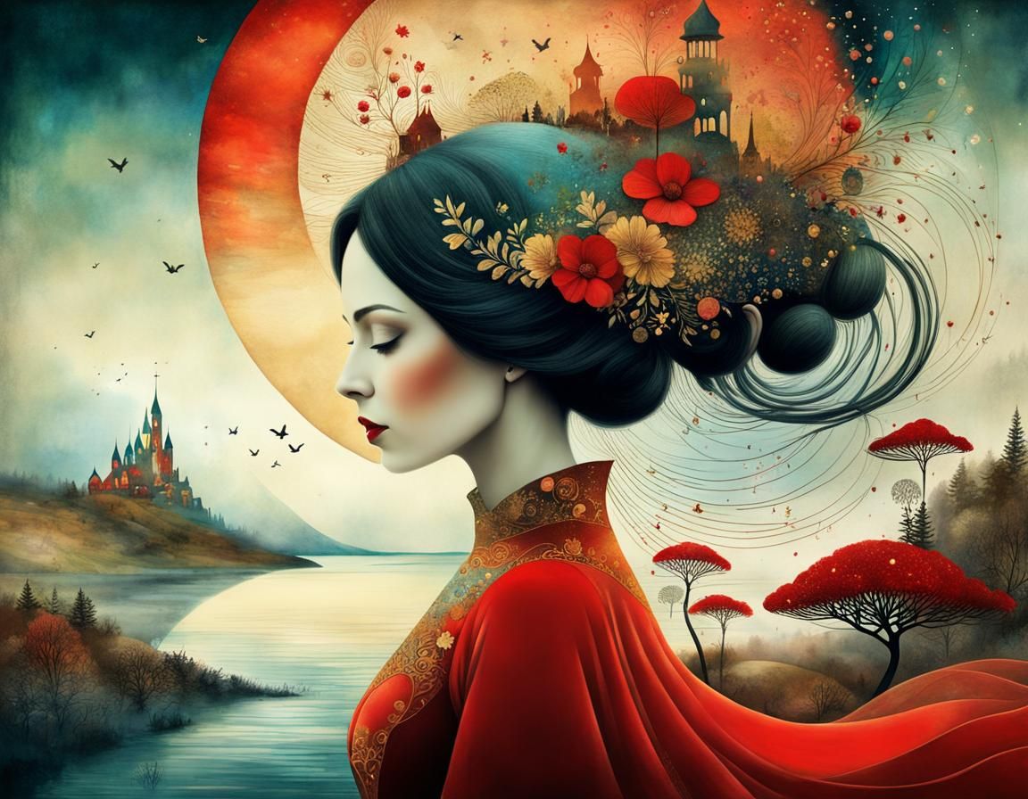 Surreal woman in an epic landscape