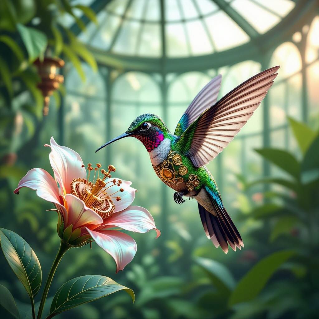 Close-up shot. A steampunk hummingbird sips nectar from a cl...