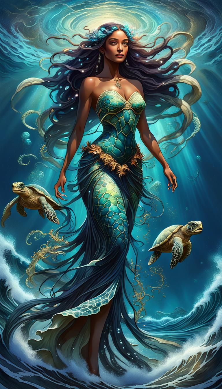 Ocean Goddess Rides Turtle in Bioluminescent Sea