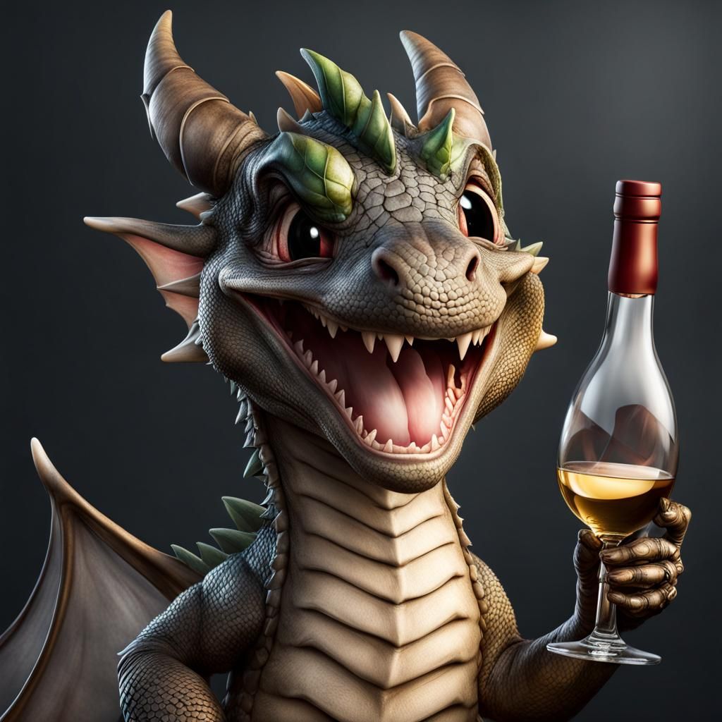 Cute Dragon Laughing with Wine, Cinematic CGI Portrait