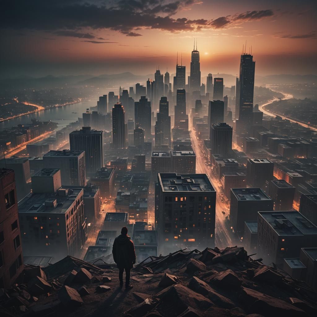 Desolate Cityscape at Dusk in Hyperrealistic Style