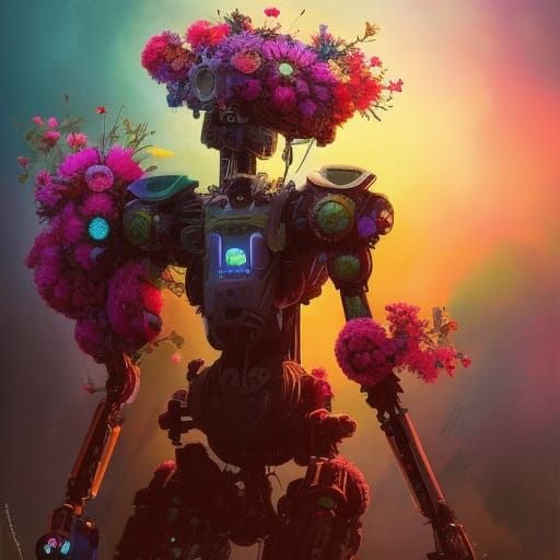 Floral Mecha Robot in Cyberpunk Rococo Style