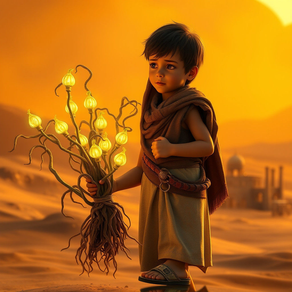 Boy Presents Glowing Mandrakes in Ancient Mesopotamia