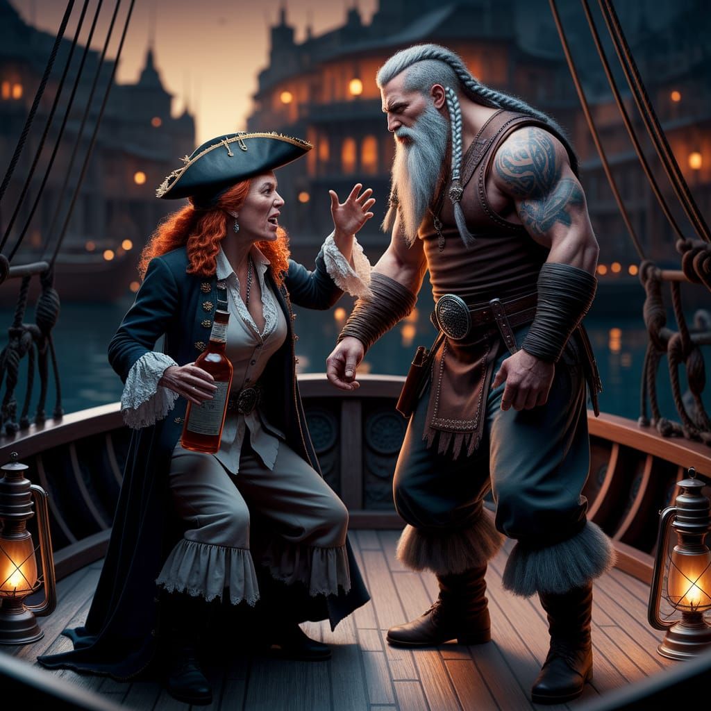 Old Woman Pirate Captain Drunk on Ship Deck