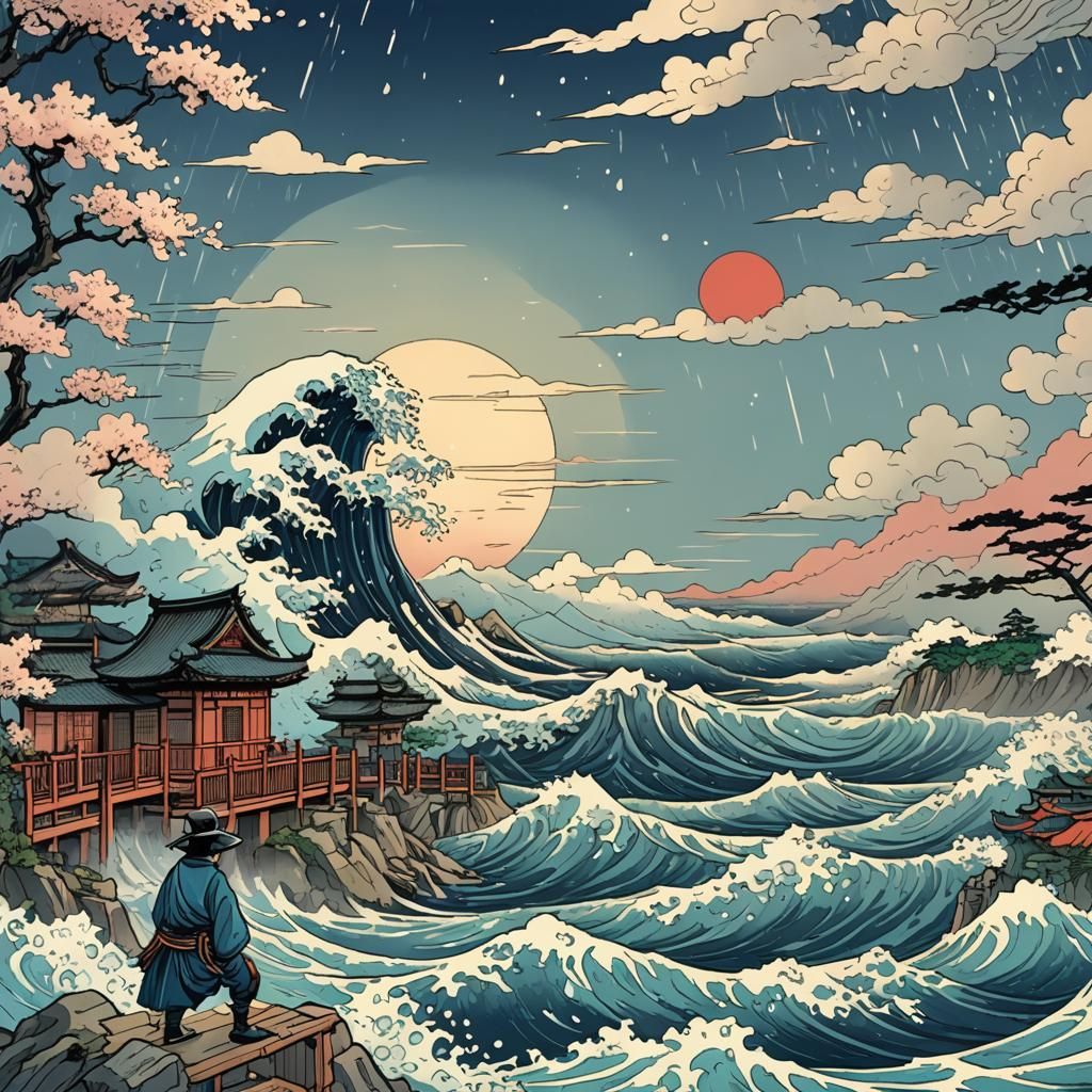 Ukiyo-e Illustration of Ancient Japan Ocean View