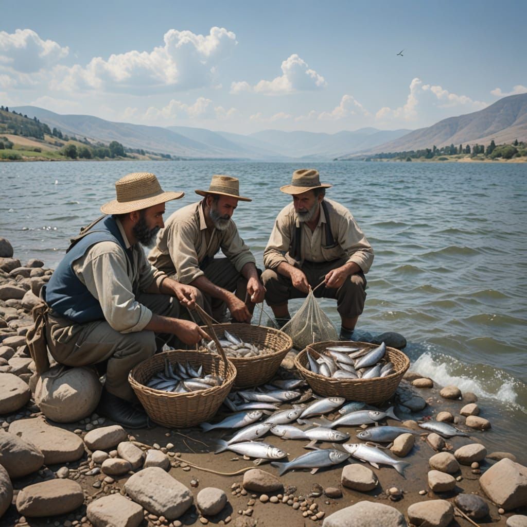 Fishermen Sort the Catch on the Shore of Galilee