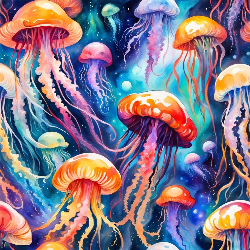 Ethereal Cosmic Jellyfish in Gouache Style